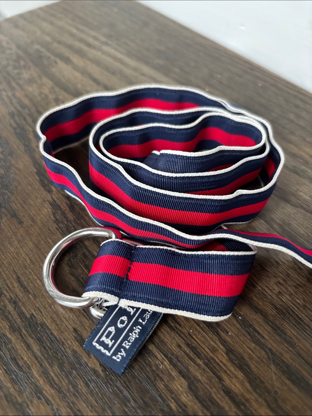 Vintage Polo Ralph Lauren ribbon belt, red/white/blue, D ring buckle, USA, 32”